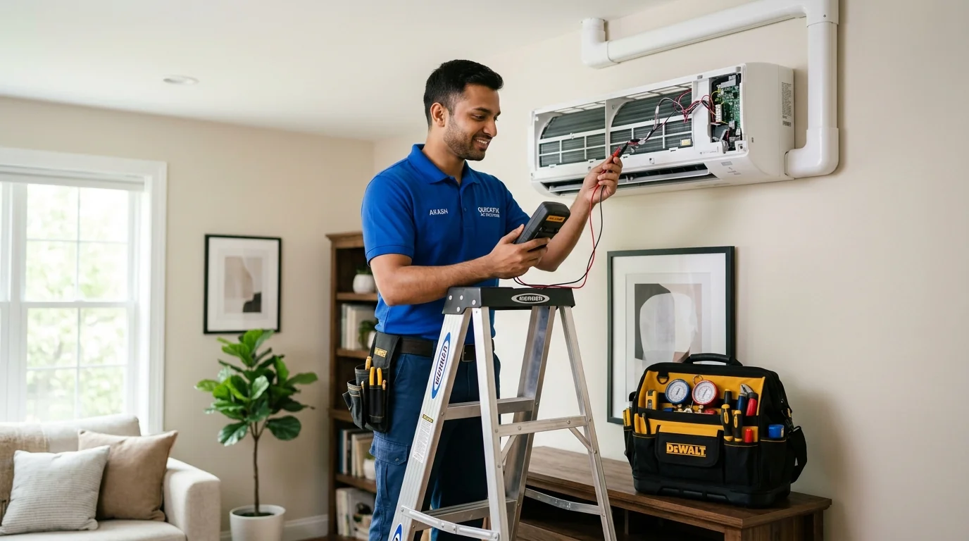 Technician performing AC service and repair in Erode