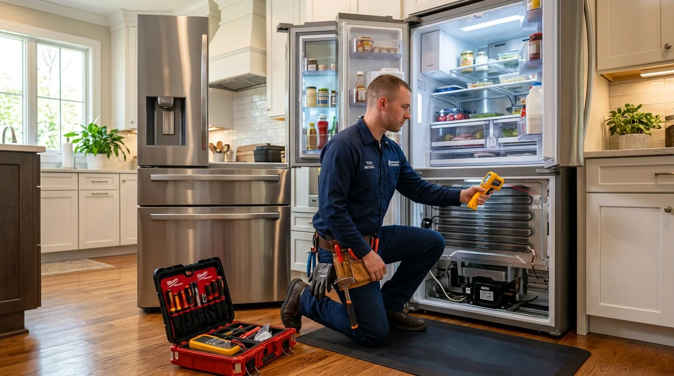 Technician troubleshooting refrigerator cooling problem in Erode